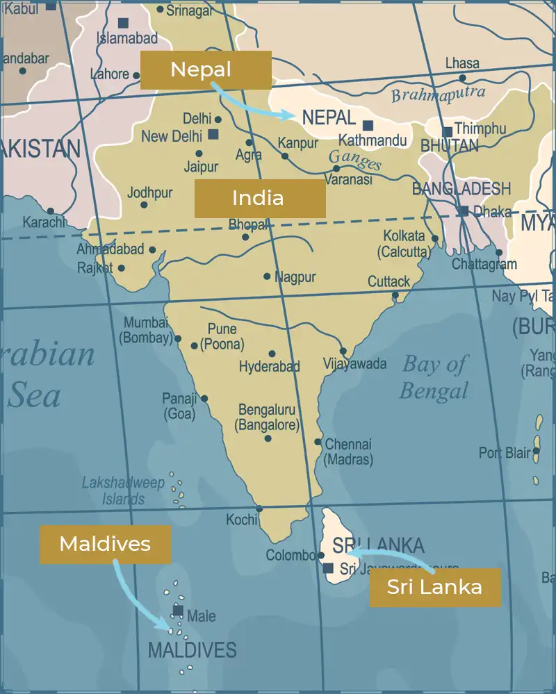 Map of Asia, india, sri lanka, nepal, maldives